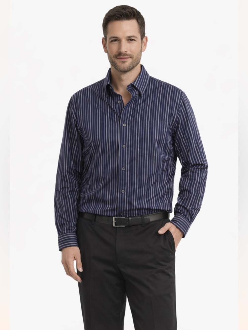 Kenneth Cole Navy Striped Shirt Size M  Neck 15 -15.5 Long Sleeve 32/33 Non iron - Picture 14 of 16